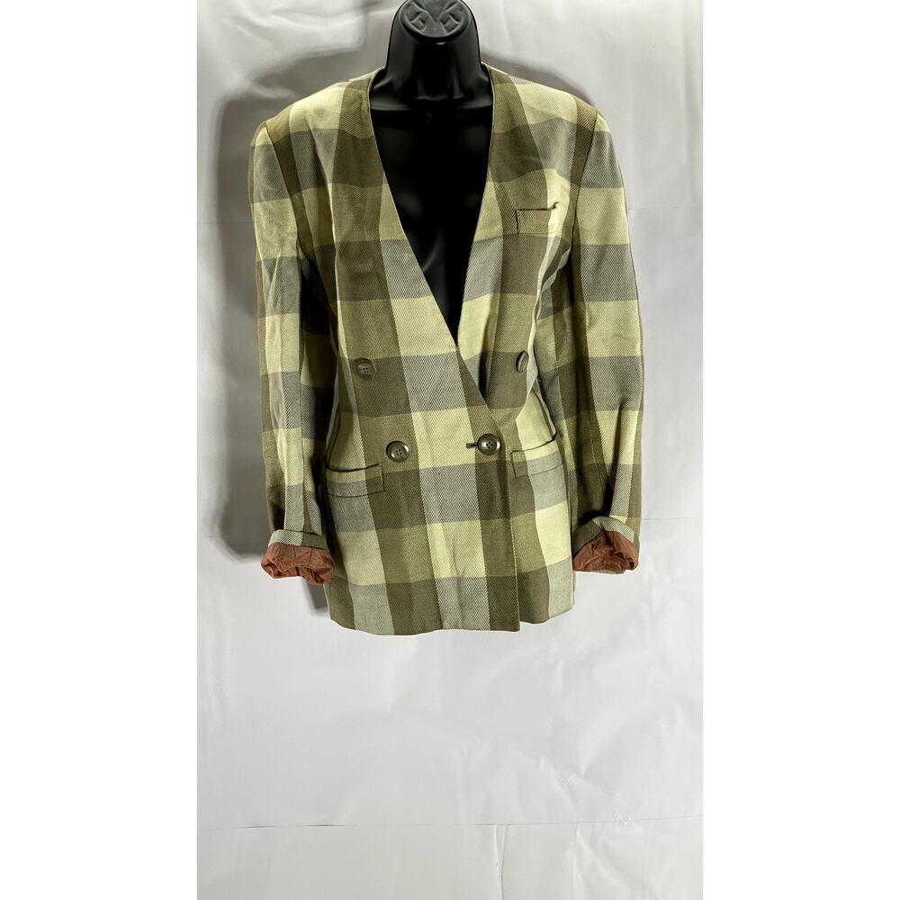 KASPER FOR ASL Women's Vintage Green/Brown Plaid Double Breast Blazer SZ 4